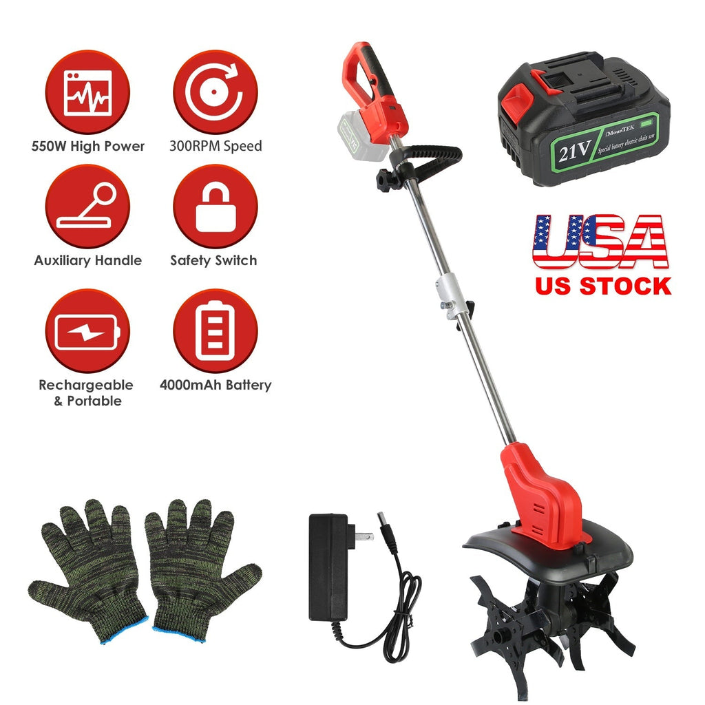 21V Electric Cordless Tiller Cultivator Powered Garden Tiller with 4 Blades 16 Steel Tines 550W 300RPM 4000mAh Battery Tilling 9-in Width & 9-in Depth