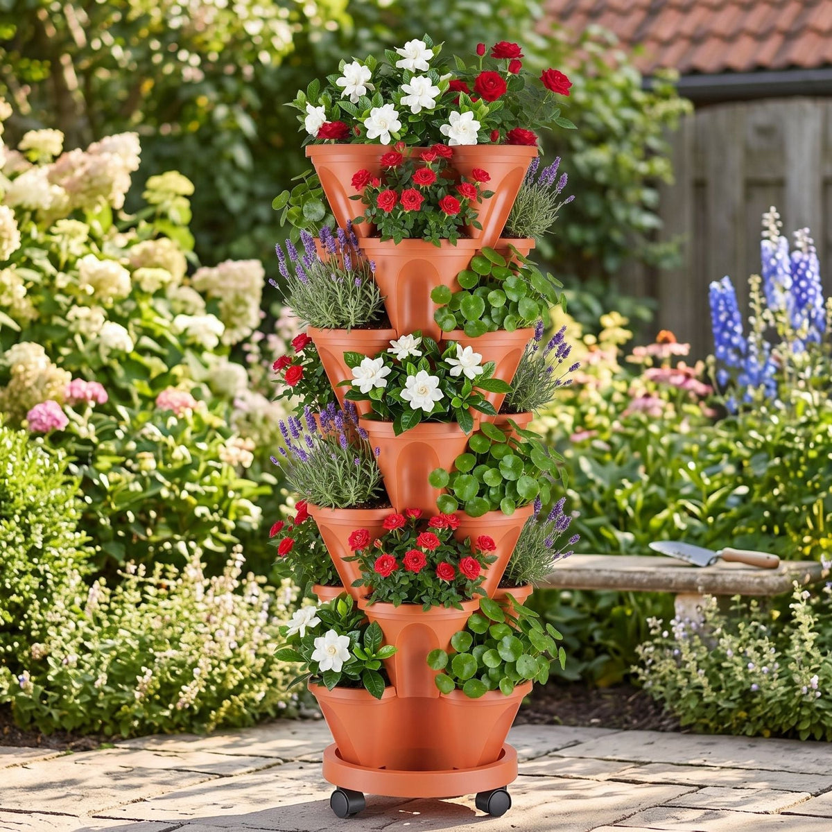 7-Tier Stackable Vertical Planter with Wheels and Drainage