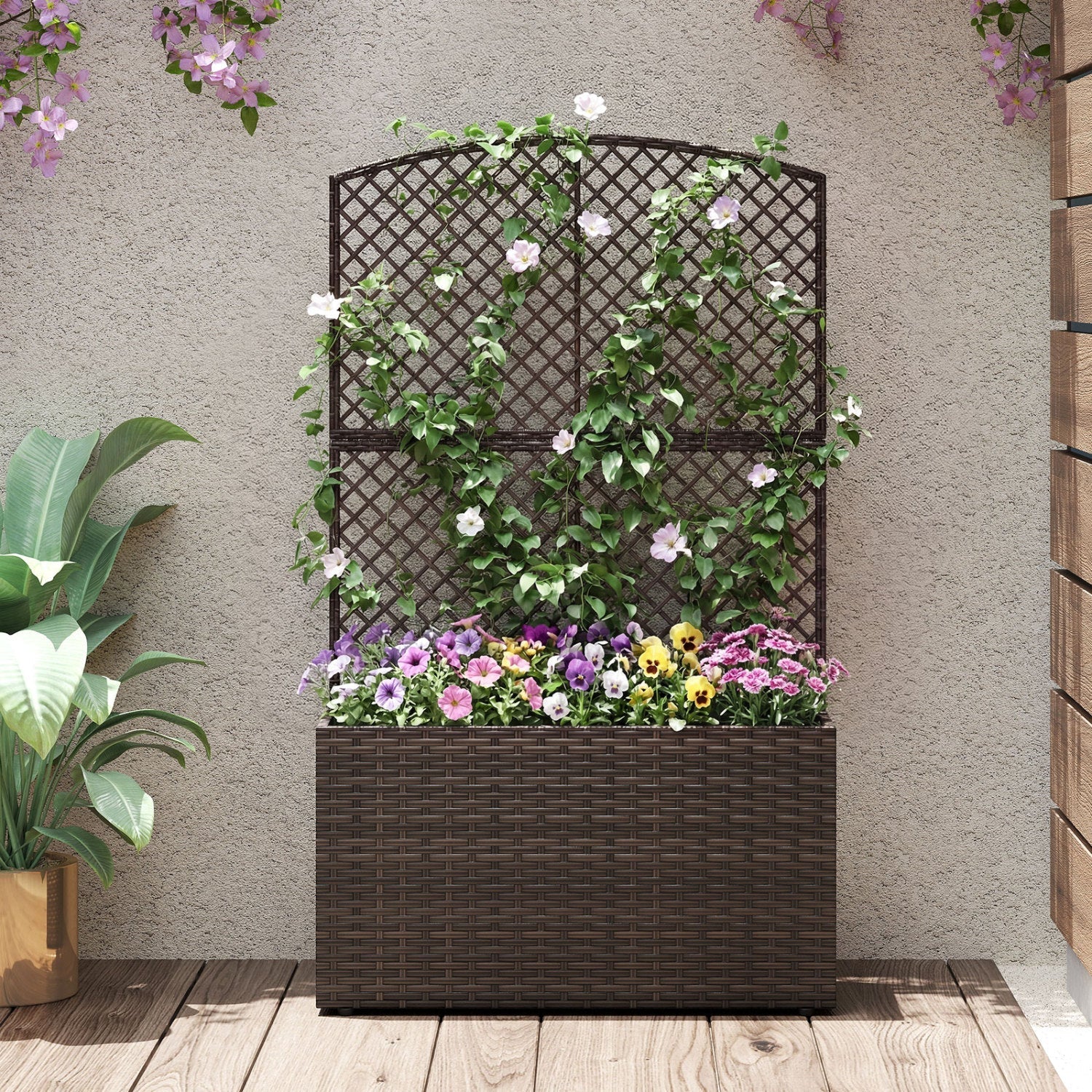 49 Inch Raised Garden Bed with Trellis and Wicker Planter Box