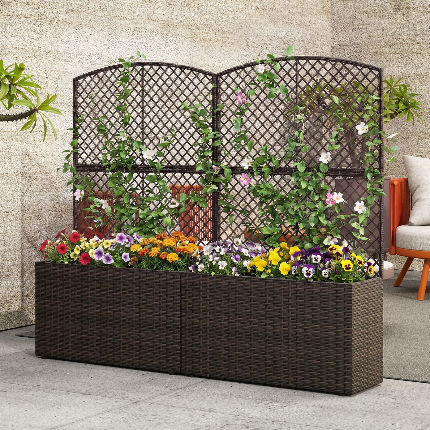 49 Inch Raised Garden Bed with Trellis and Wicker Planter Box