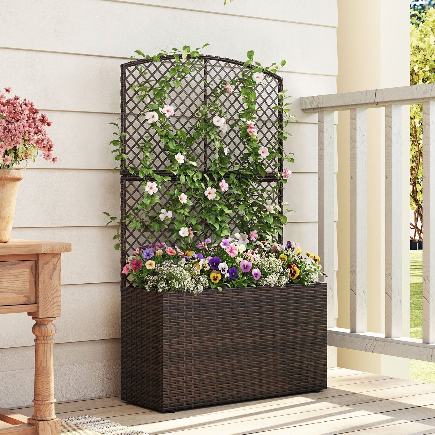 49 Inch Raised Garden Bed with Trellis and Wicker Planter Box
