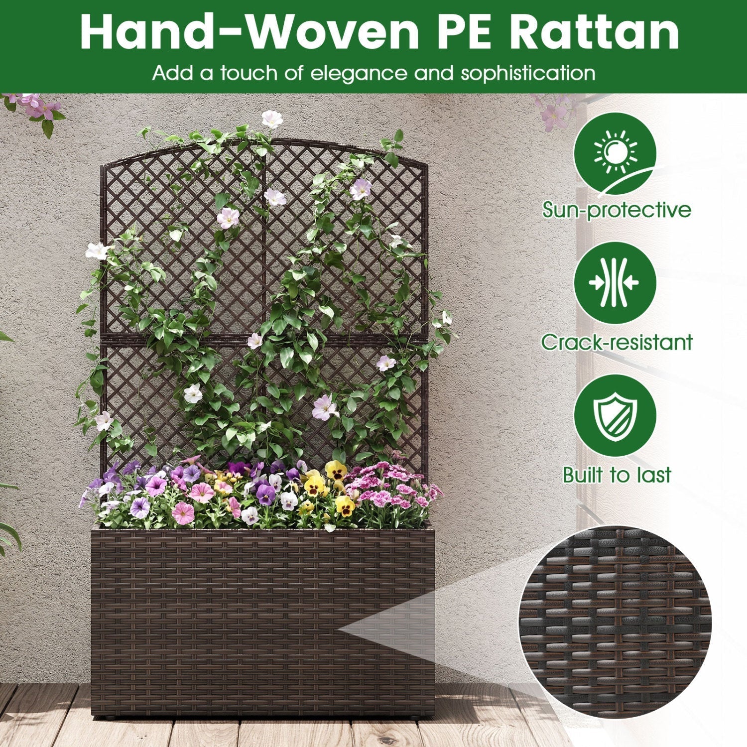 49 Inch Raised Garden Bed with Trellis and Wicker Planter Box
