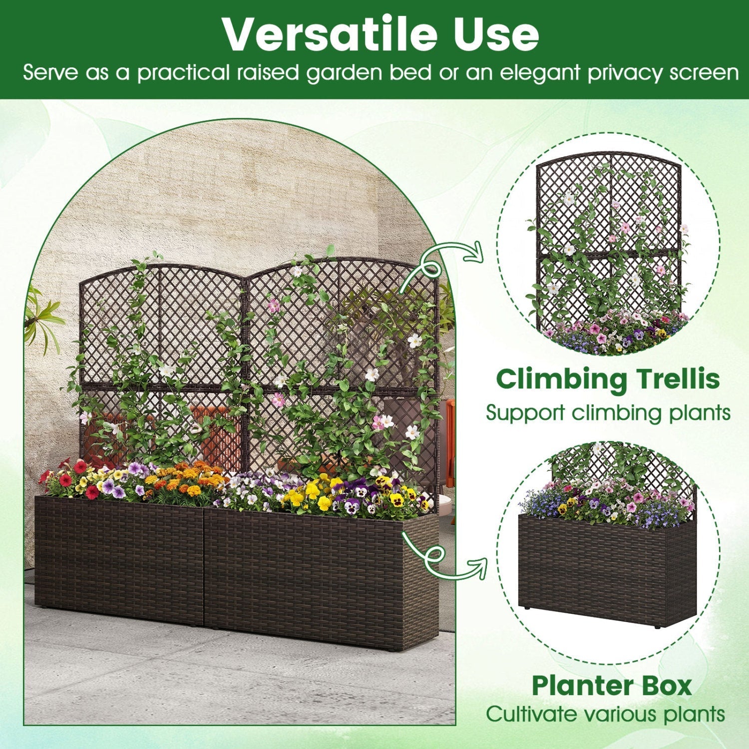 49 Inch Raised Garden Bed with Trellis and Wicker Planter Box