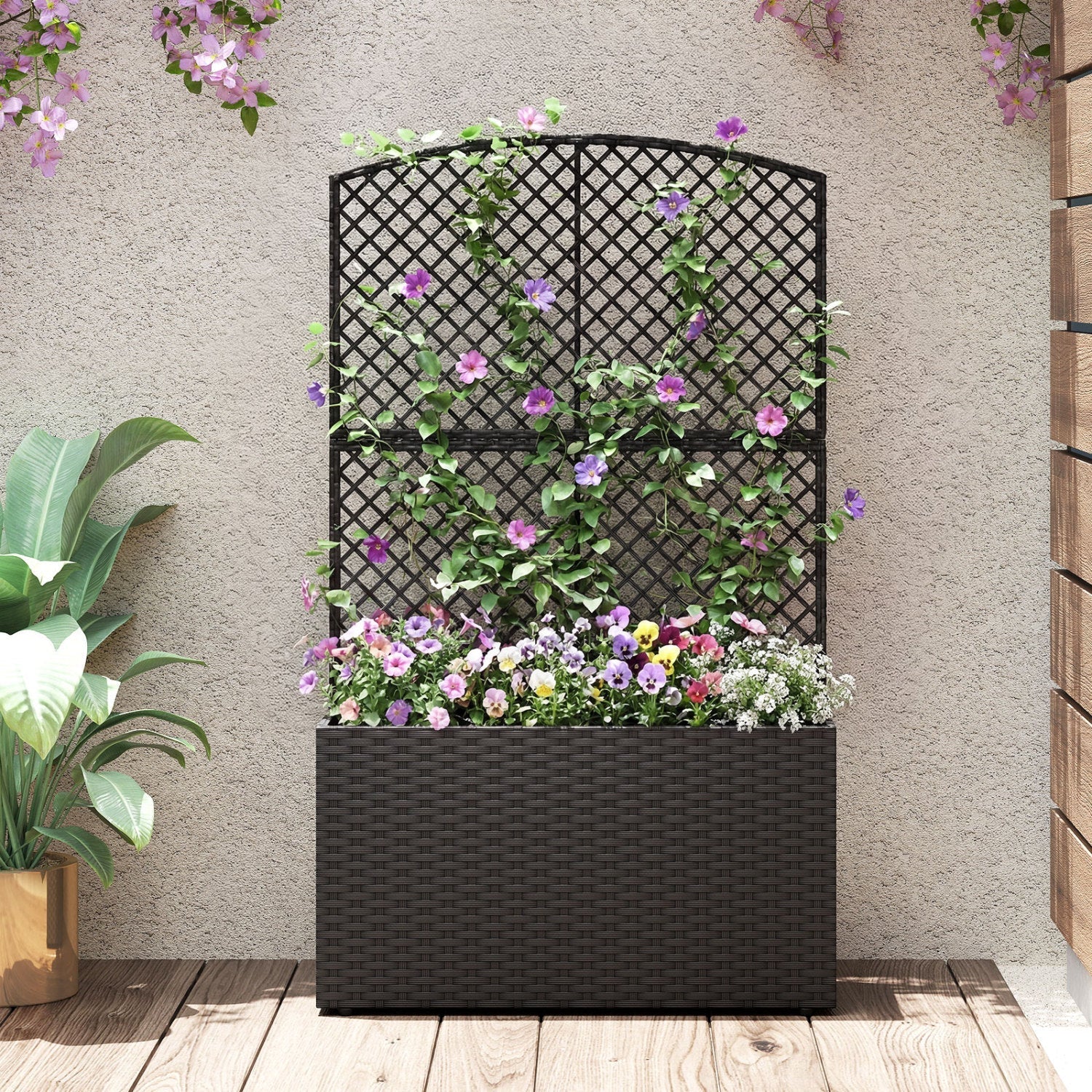 49 Inch Raised Garden Bed with Trellis and Wicker Planter Box