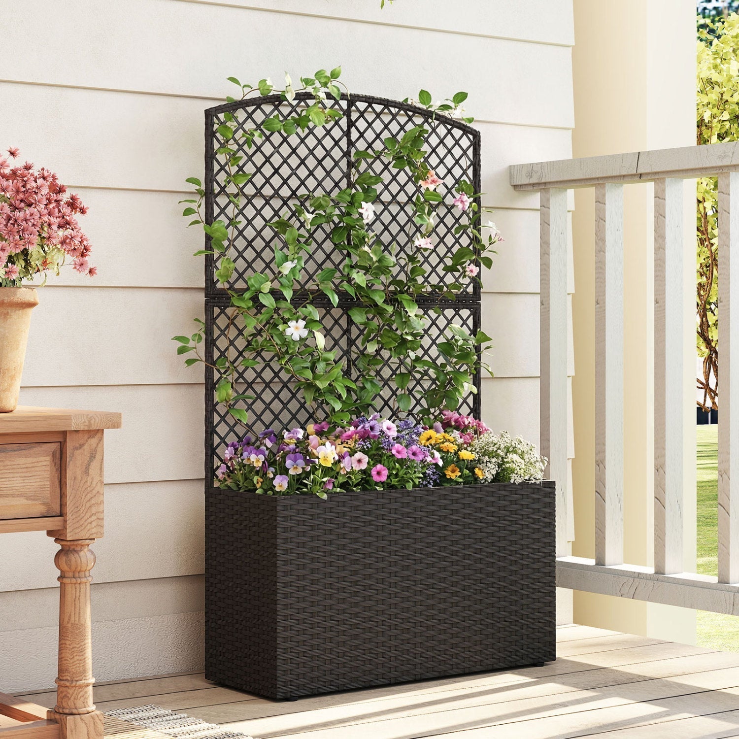 49 Inch Raised Garden Bed with Trellis and Wicker Planter Box