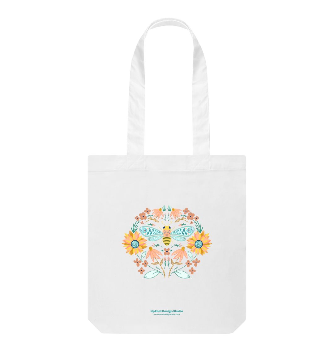 Hand-drawn Bee Folk Art Tote w. Wildflowers & Sunflowers Symmetrical Art (Celebrate Pollinators)
