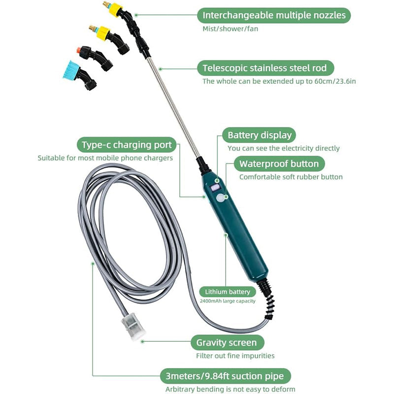2400mAh Portable Electric Sprayer Wand. 3 nozzles, high - pressure, for garden plant watering.