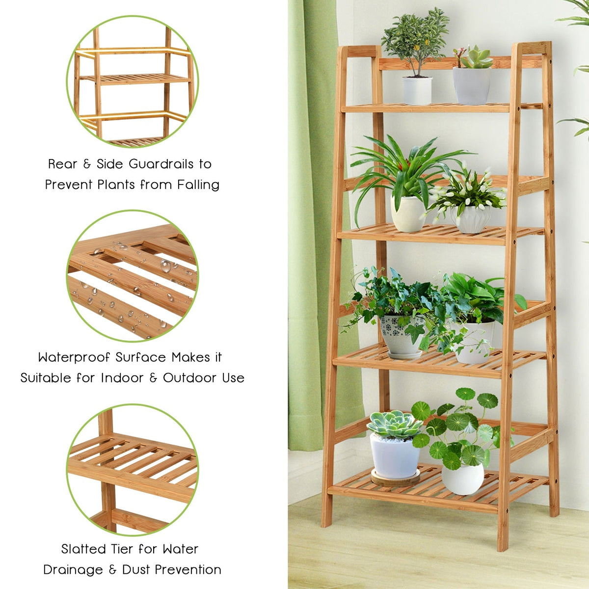 4-Tier Bamboo Plant Rack with Guardrails Stable and Space-Saving