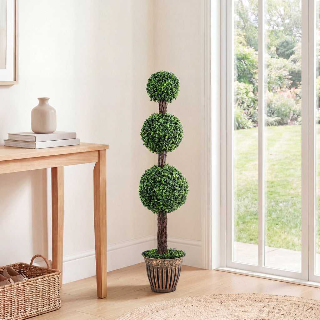 4 FT Artificial Triple Ball Boxwood Tree with Cement-filled Retro Planter