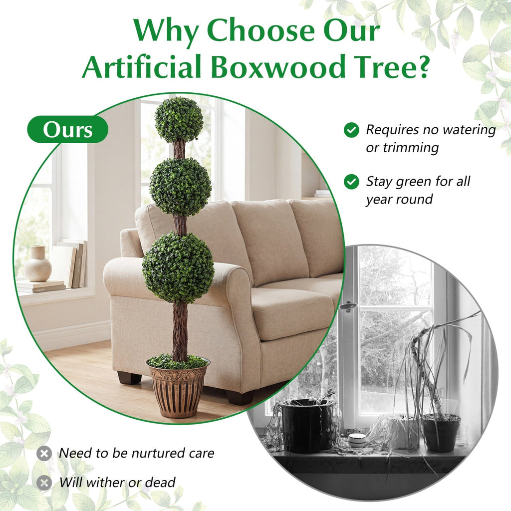 4 FT Artificial Triple Ball Boxwood Tree with Cement-filled Retro Planter
