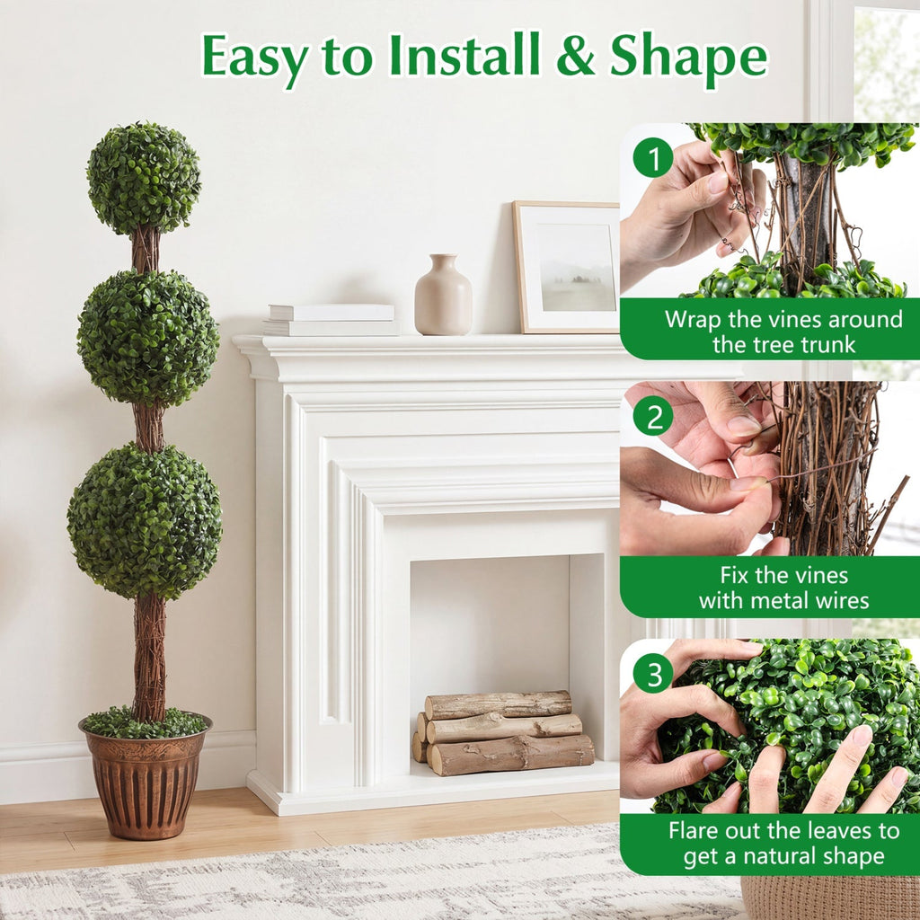 4 FT Artificial Triple Ball Boxwood Tree with Cement-filled Retro Planter