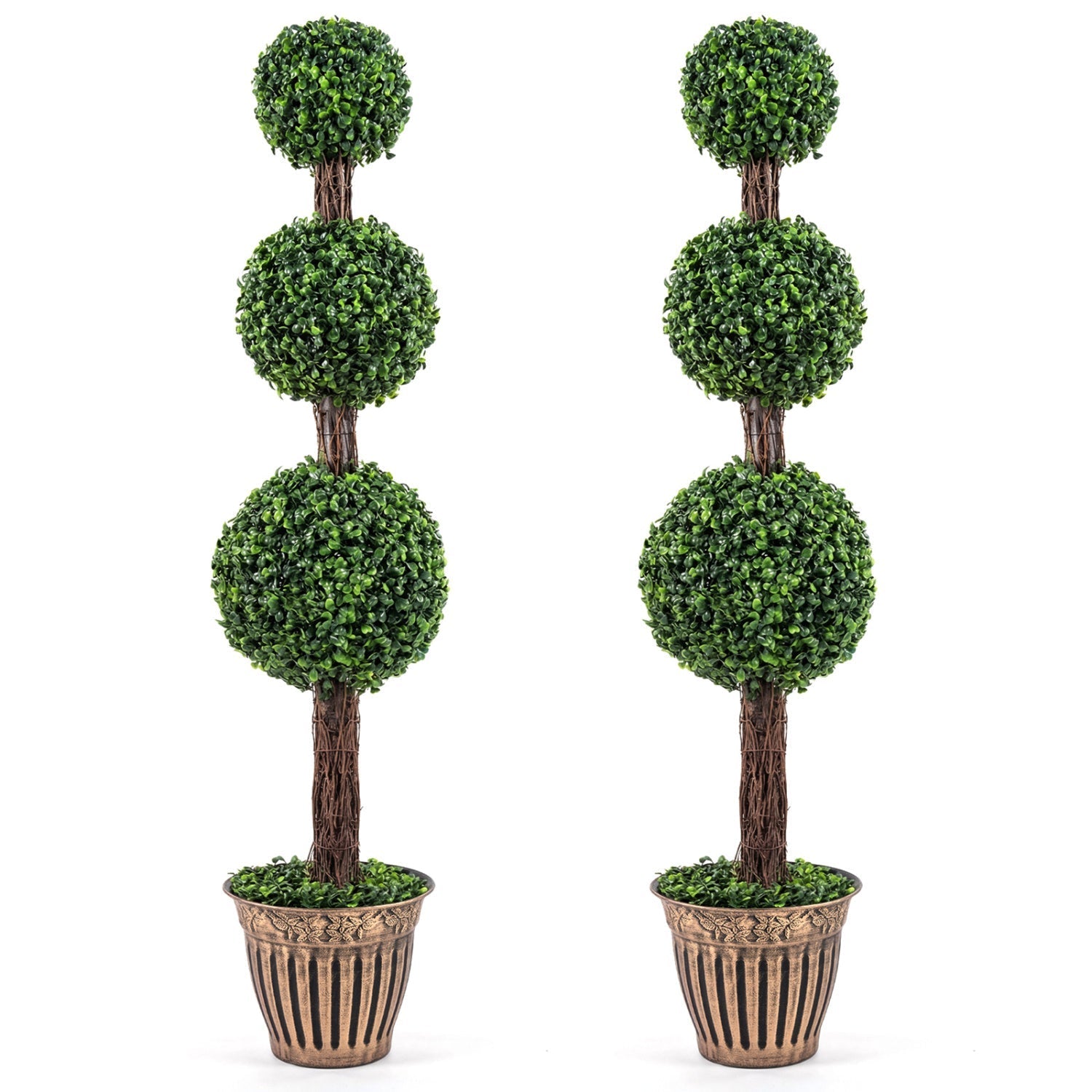 4 FT Artificial Triple Ball Boxwood Tree with Cement-filled Retro Planter Set of 2