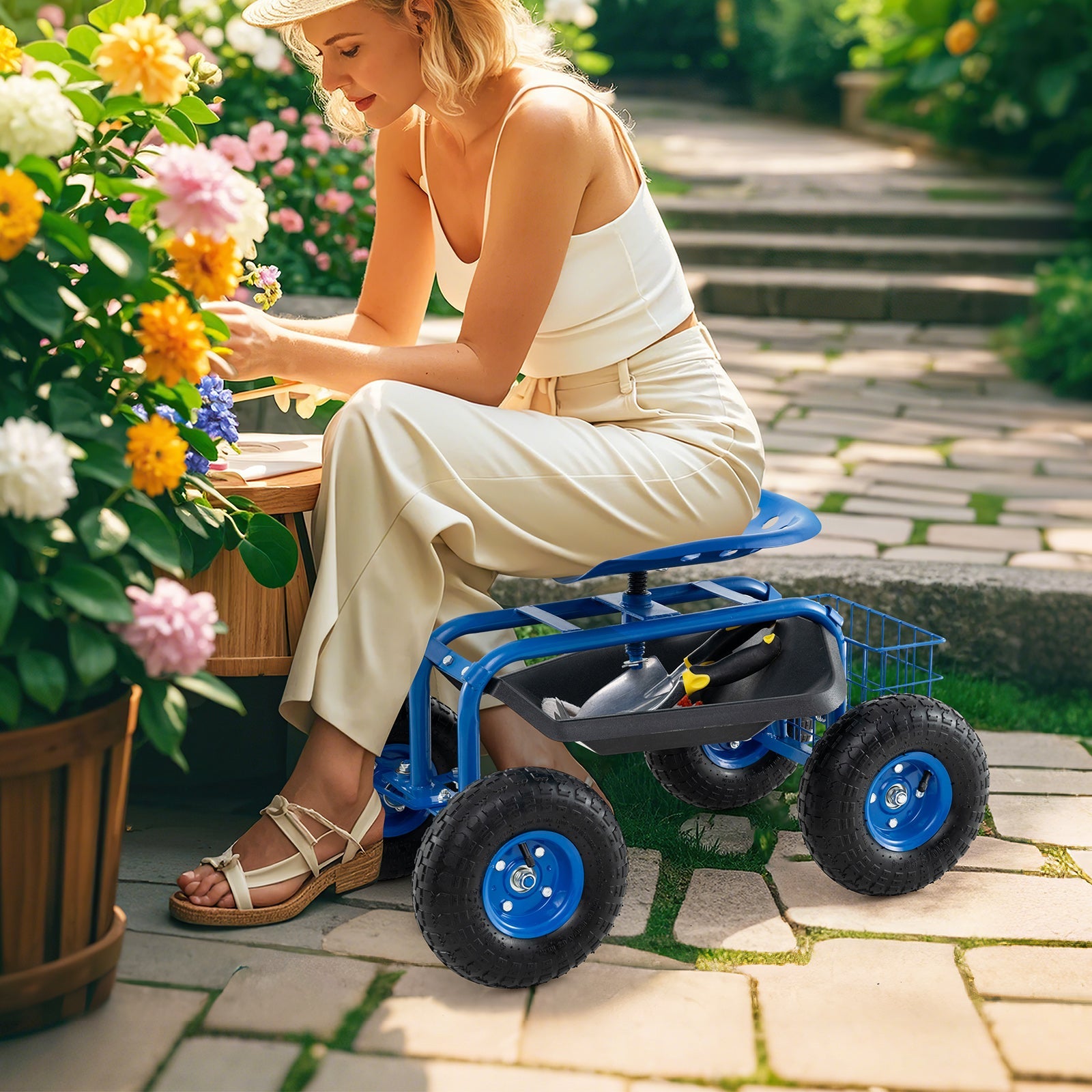 4-Wheel Rolling Garden Cart Work Seat-Blue