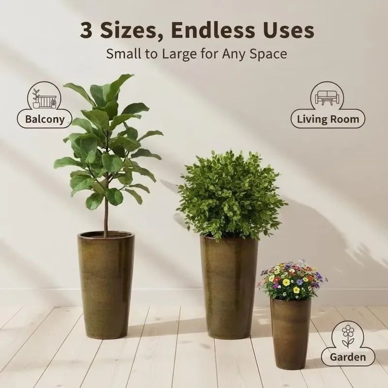 Large Tall Glazed Ceramic Floor Planter Trio Set – Gold-Bronze Fusion
