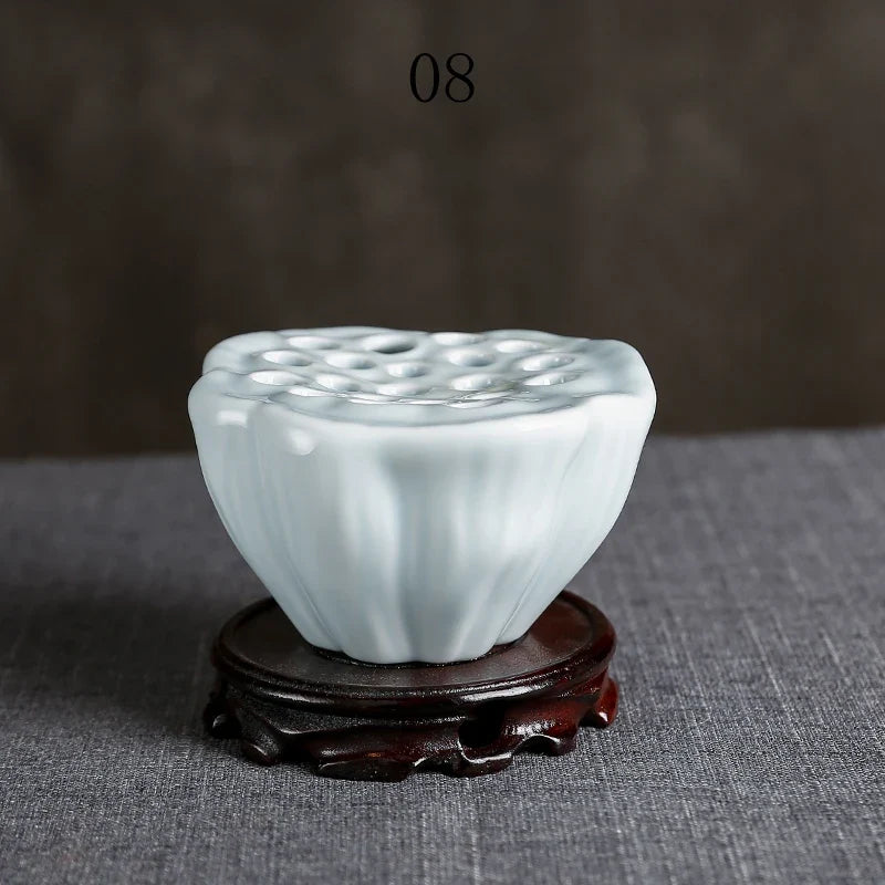 Japanese Ceramic Lotus Ikebana Flower Vase – Zen Floral Vessel with Built-In Frog Holder
