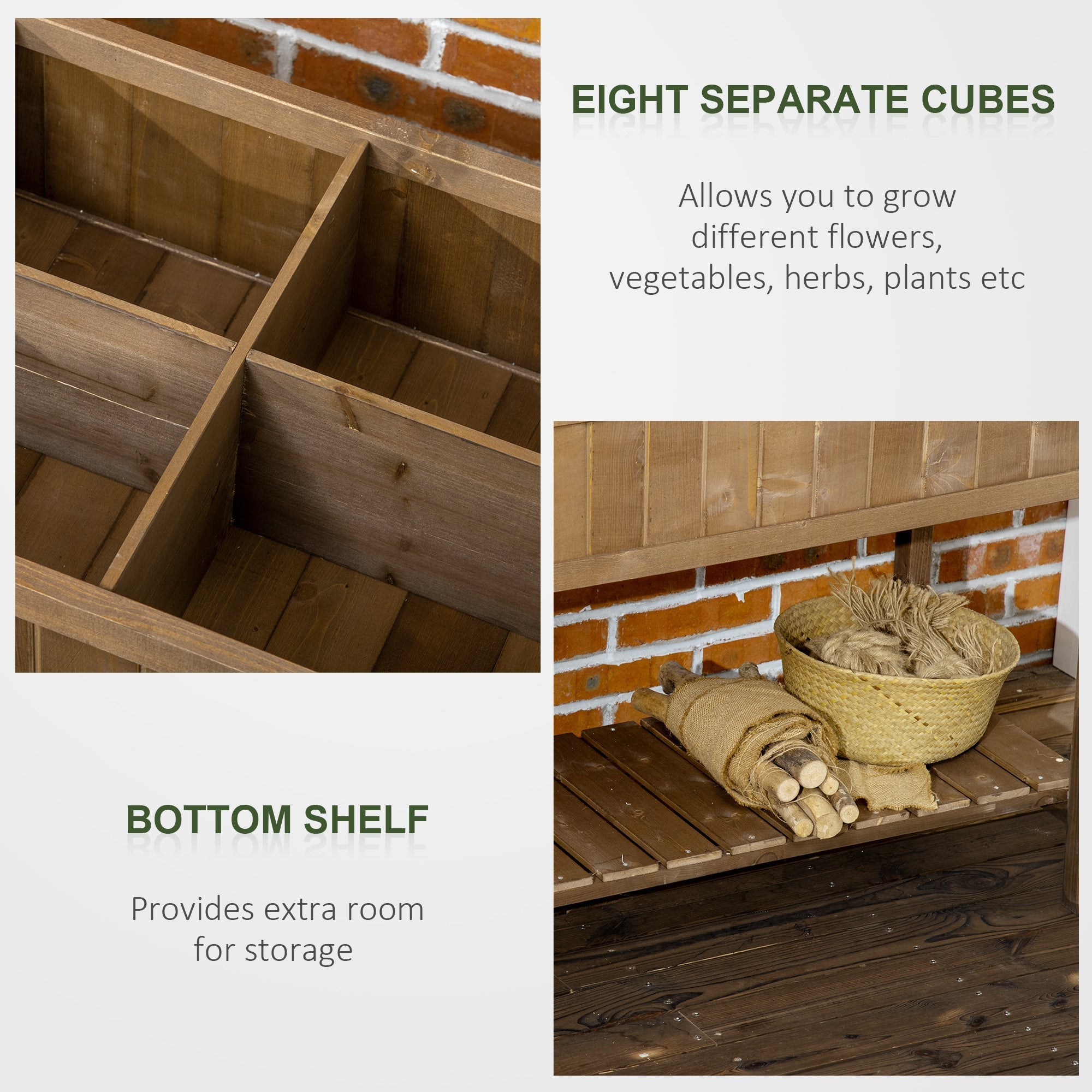 Outsunny 43x18x30in Raised Garden Bed with 8 Pockets and Shelf, Wooden Elevated Planter Box with Legs to Grow Herbs, Vegetables, and Flowers, Dark Brown