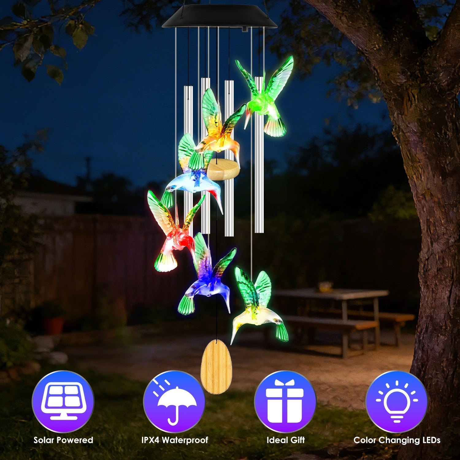Solar Hummingbird Wind Chime with Aluminum Tubes 7 Color Changing Wind Chime for Outside IPX4 Waterproof Outdoor Garden Yard Decor