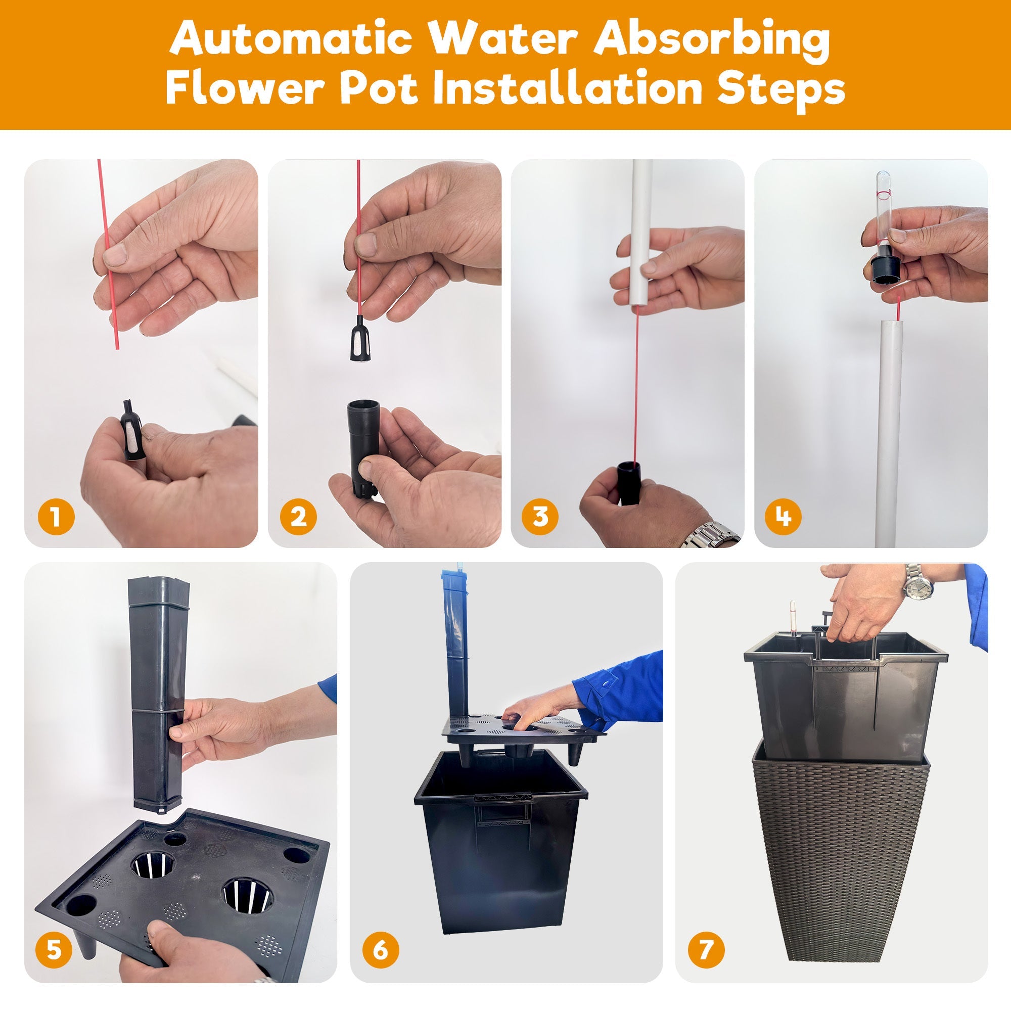 Faux Rattan Tall Planters Set with Water Level Monitor and Automatic Watering, White, Polypropylene, 22 Inch