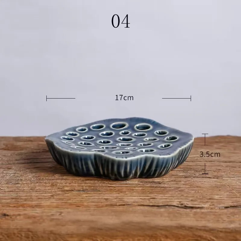 Japanese Ceramic Lotus Ikebana Flower Vase – Zen Floral Vessel with Built-In Frog Holder