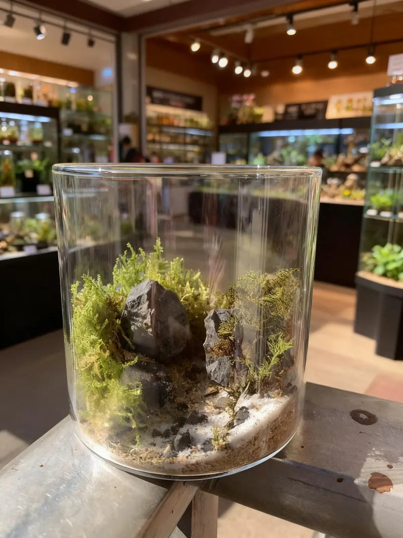 Live Moss Terrarium in Glass Jar Mini Bioactive Mossarium with Stone & Tiny Figurine Natura Desktop Ecosystem DIY Mini Garden Gift for Lover