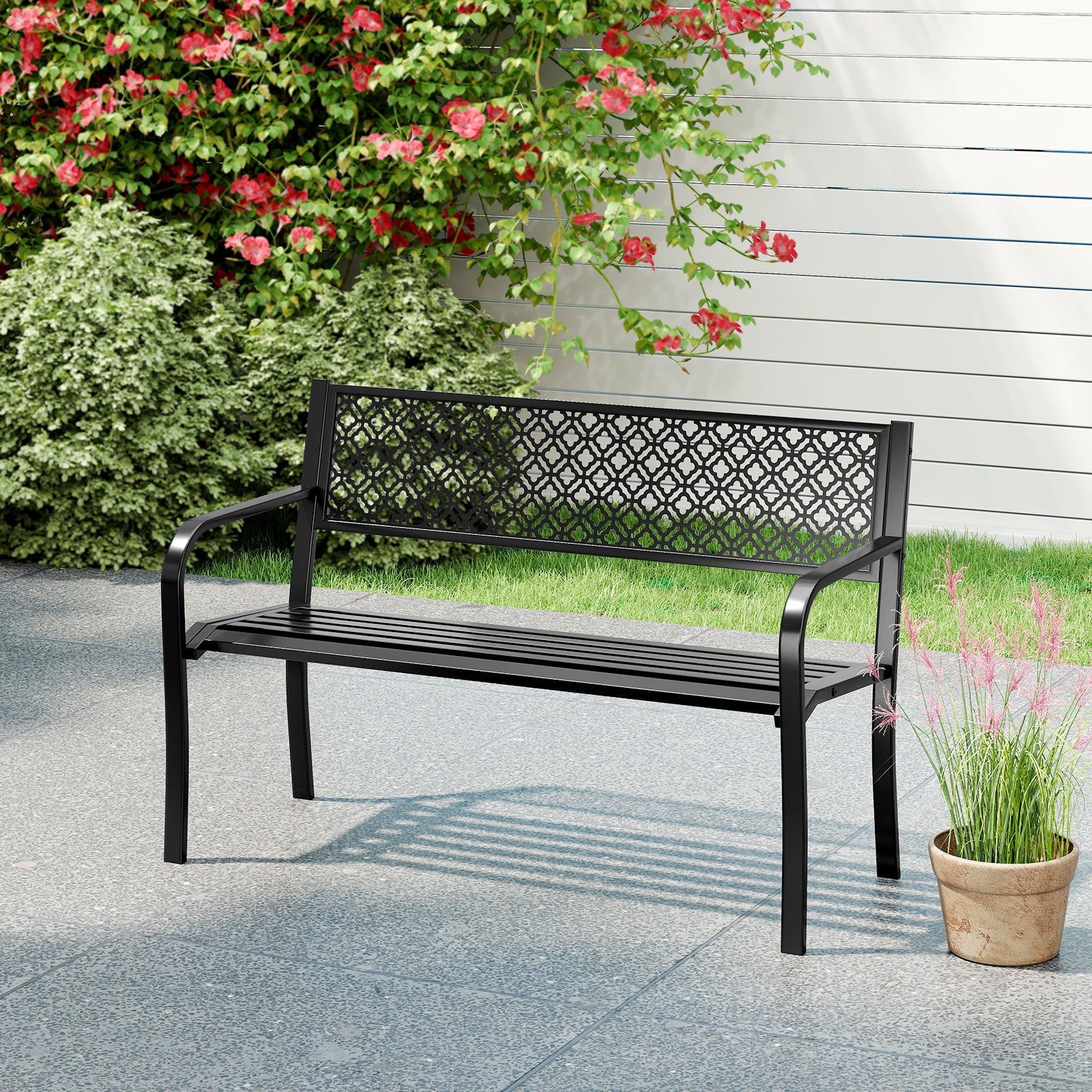 50 Inches Outdoor Garden Bench with Geometric Lattice Backrest and Slatted Seat