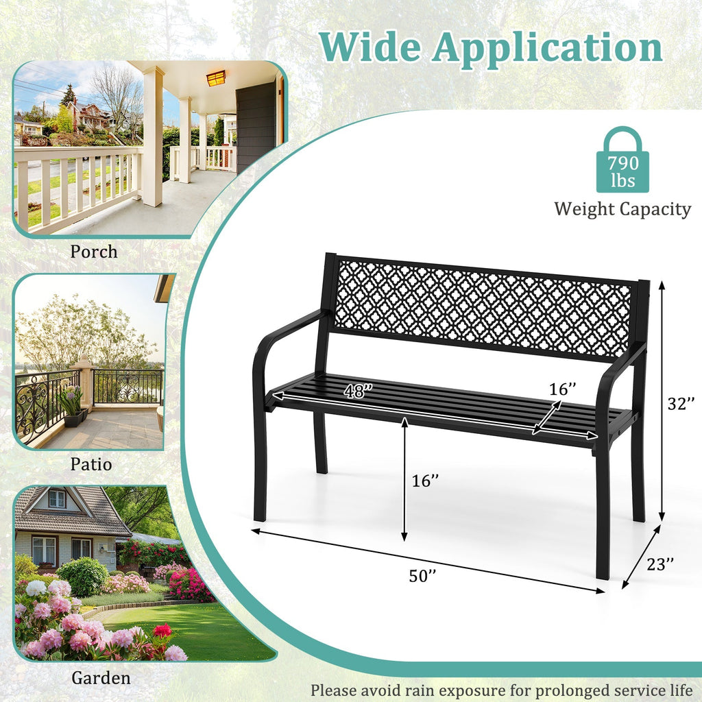 50 Inches Outdoor Garden Bench with Geometric Lattice Backrest and Slatted Seat
