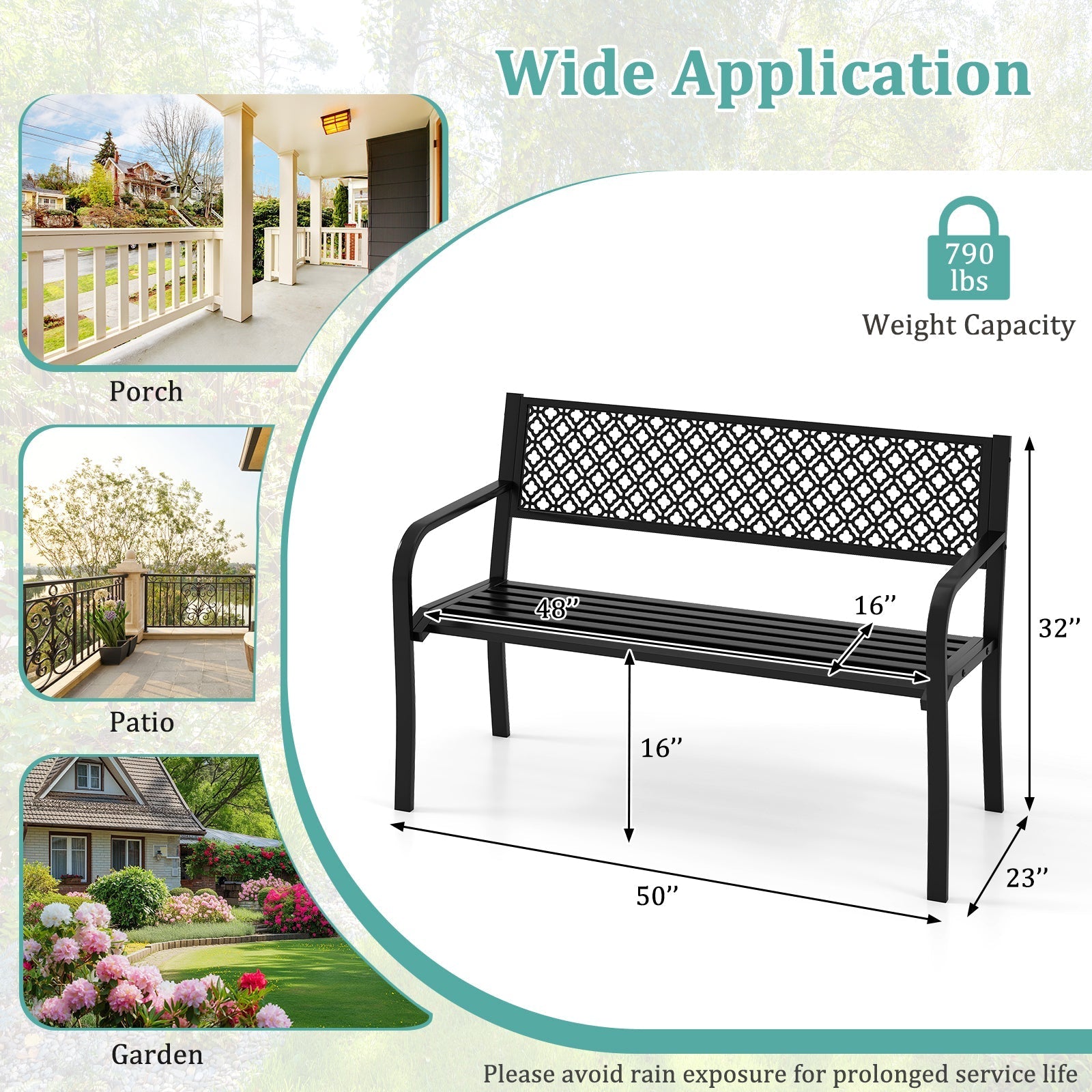 50 Inches Outdoor Garden Bench with Geometric Lattice Backrest and Slatted Seat