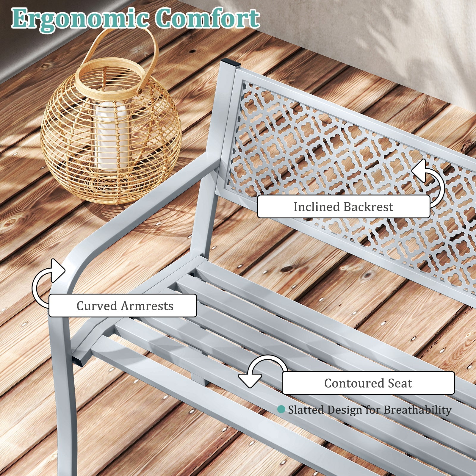 50 Inches Outdoor Garden Bench with Geometric Lattice Backrest and Slatted Seat-Gray