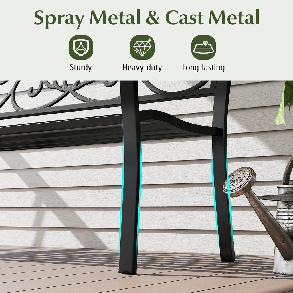 50 Inches Outdoor Garden Bench with Floral Design Backrest and Slatted Seat-Black