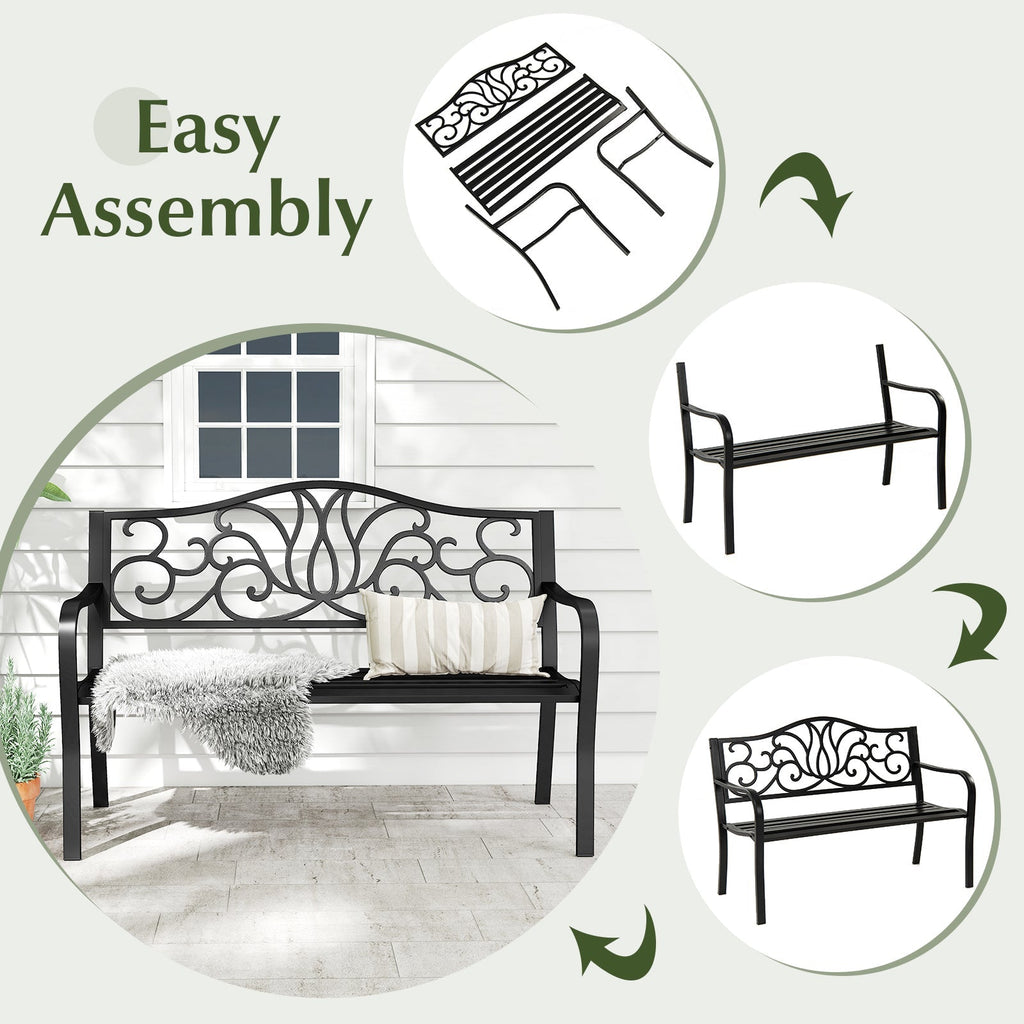 50 Inches Outdoor Garden Bench with Floral Design Backrest and Slatted Seat-Black
