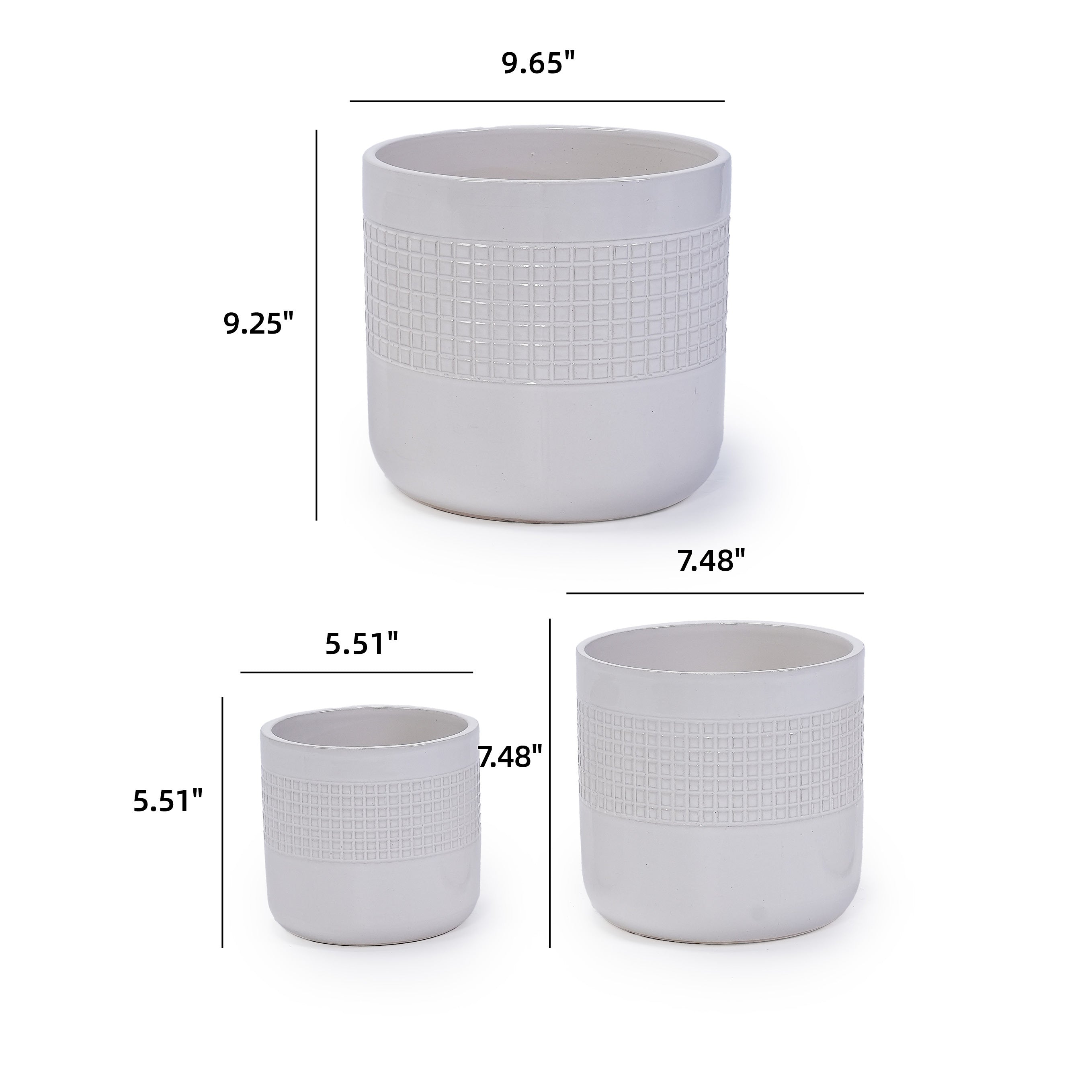 Set of 3 Grid Ceramic Flowerpot, Modern Planter for Patio, Garden, Windowsill - Ancient White