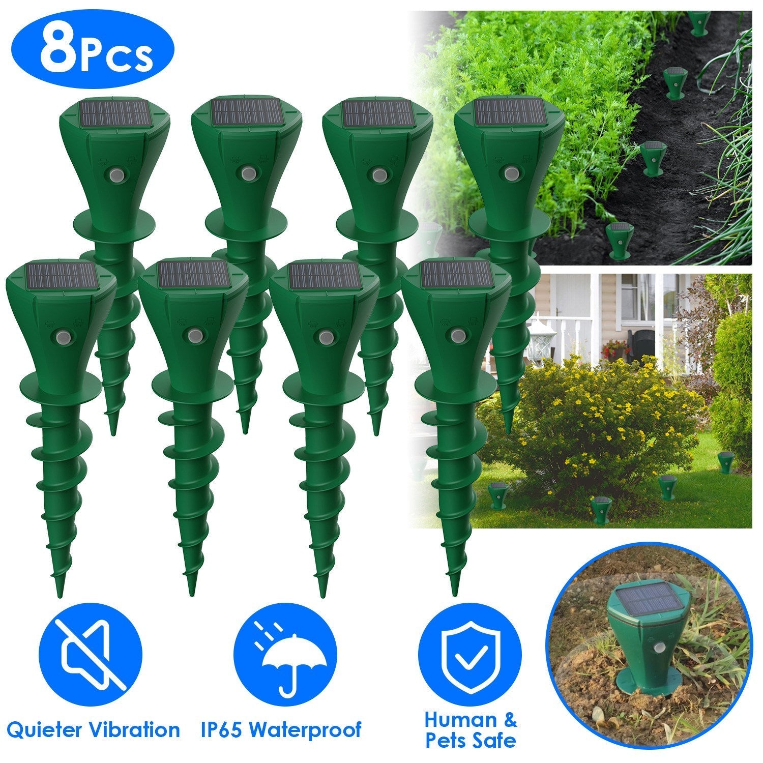 8Pcs Solar Powered Mole Repellent Waterproof Solar Animal Repellers for Moles Gophers Groundhogs Snakes Voles Outdoor Vibration Stake For Farm Garden