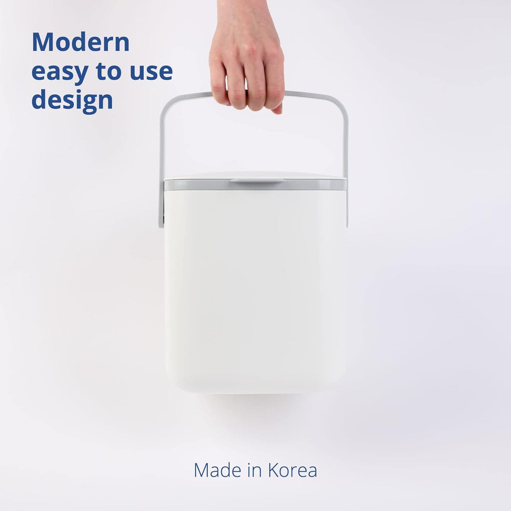 BLUE GINKGO Kitchen Compost Bin [5L / 1.32 GAL] – Filter-Free, Odor-Tight Countertop Food Waste Pail with Handles (Made in Korea, White)