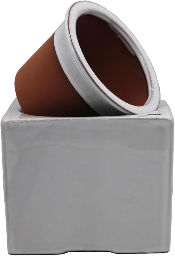 Ceramic African Violet Self Watering Pot 6 Inch Square Pot 3.5 Inch Innter Pot Easy Fill Water Reservoir White
