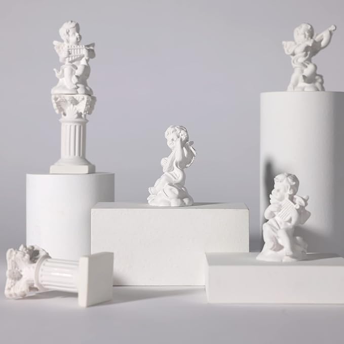 LIYAOLI 4pcs 2.7'' Cherub Decor & 2pcs Roman Decorative Columns Props Shooting,Little Angel Statues for Home Decor Adorable Music Small Angel Figurines