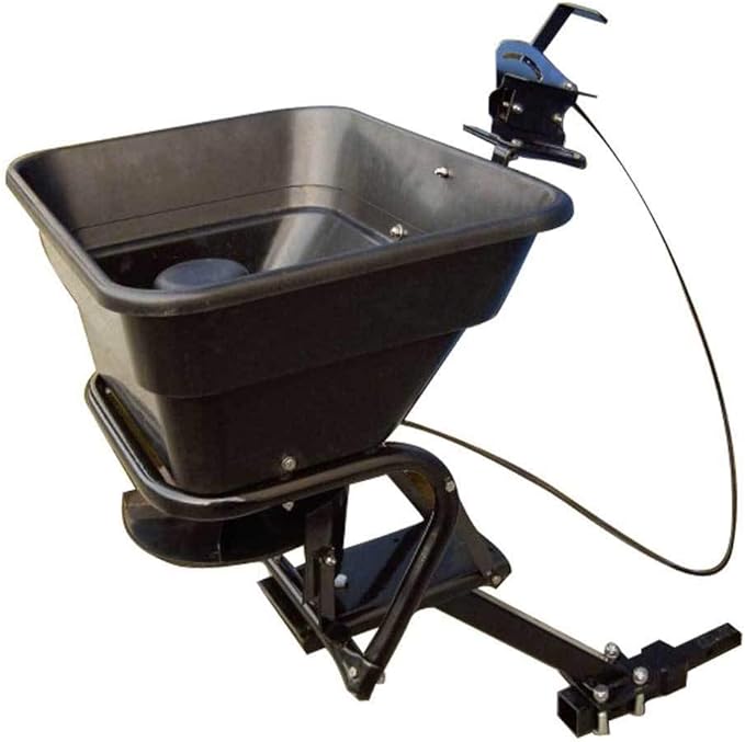 Field Tuff 12V 80 Pound Capacity Grass Seed Fertilizer Spreader with Hitch Mount Receiver and Rain Protector for ATV, UTV, or Utility Tractor