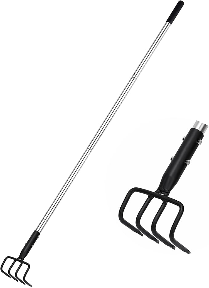 Long Hand Cultivator, Carbon Steel & Stainless Steel Tiller Cultivator, Garden Cultivator with Telescopic Handle and Soft Handle Cover, Hand Tiller for Digging Loosening Weeding