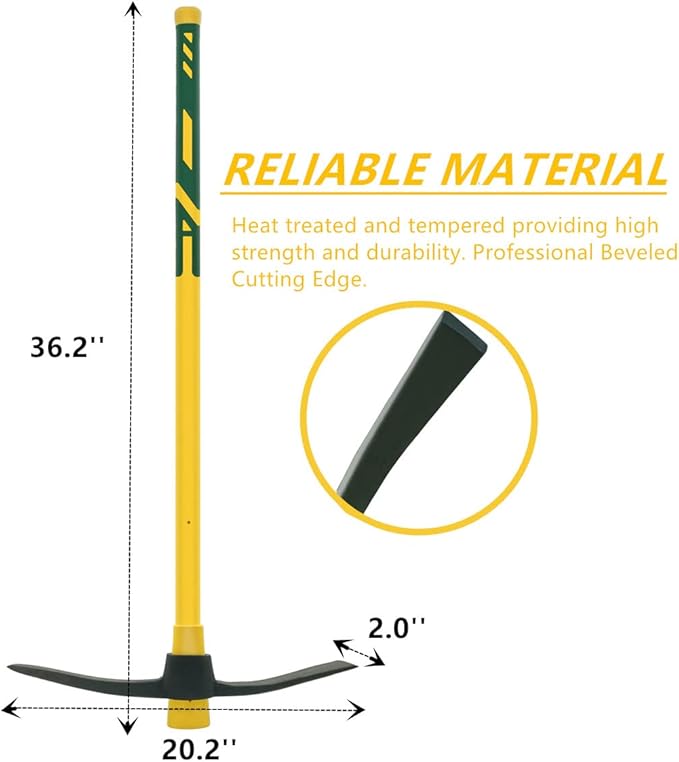 GloriousAMC Heavy Duty Mattock, 36" Fiberglass Handle, Yellow, Steel, Multipurpose Garden Tool, Chopping Soil, Gardening
