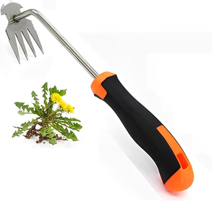 Weed Removal Tool, 2025 New Garden Weeding Tools Manganese Steel Hand Weeder Tool with Handle, 4 Teethes Dual Purpose Manual Weeders Tool Weed Pulling Tool for Garden (Rubber Handle)