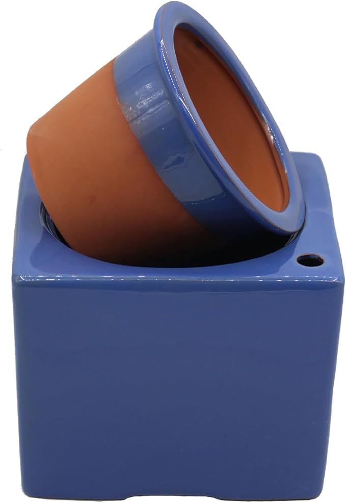 Ceramic African Violet Self Watering Pot 6 Inch Square Pot 3.5 Inch Innter Pot Easy Fill Water Reservoir Blue