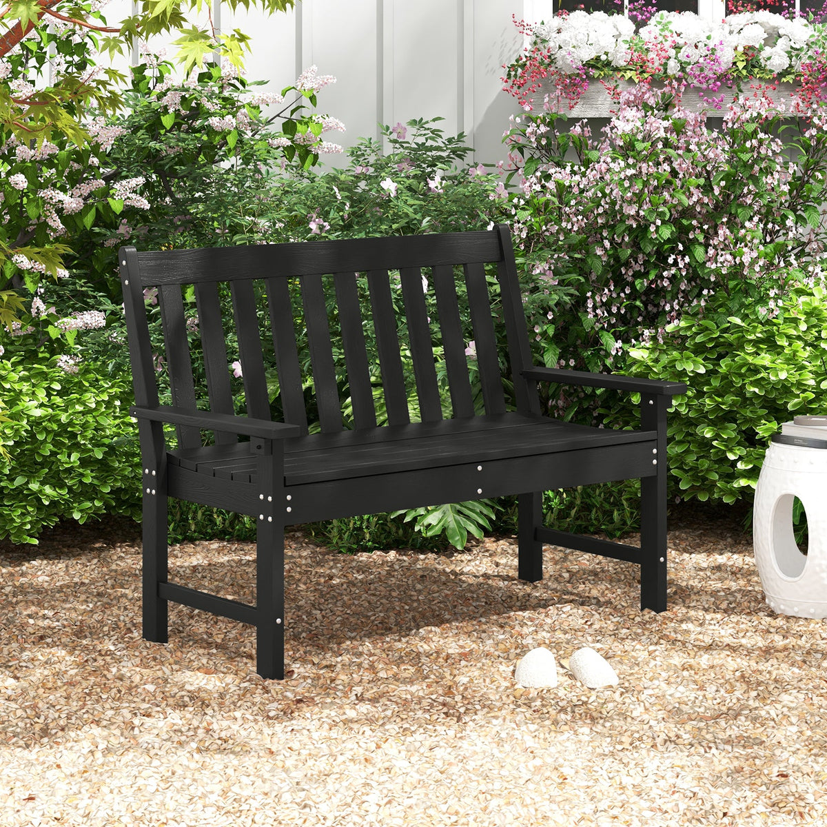 Fun Bench Backrest 52 Inch All-Weather HDPE Outdoor Bench with Backrest and Armrests-Blac ...
