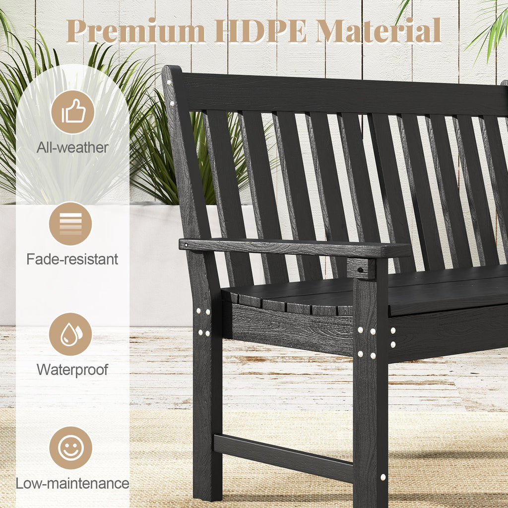 52 Inch All-Weather HDPE Outdoor Bench with Backrest and Armrests-Black