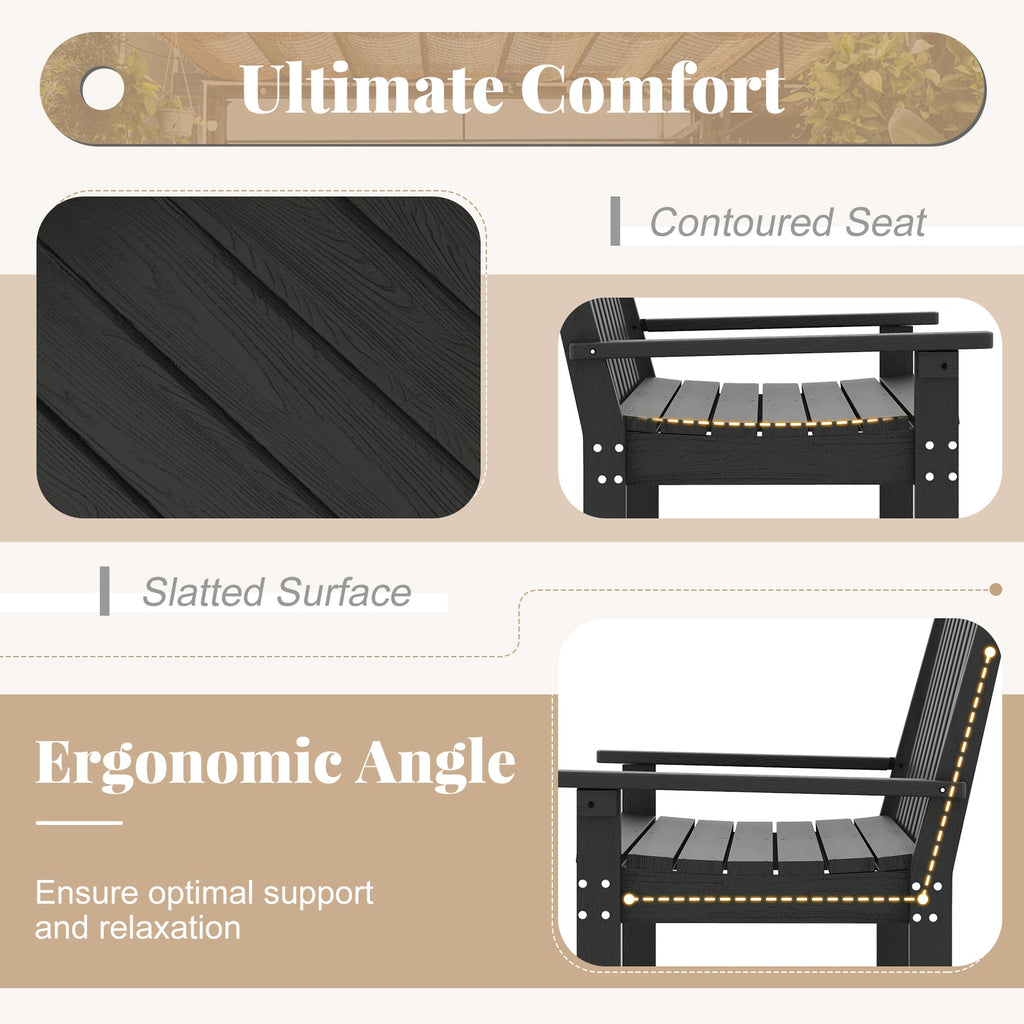 52 Inch All-Weather HDPE Outdoor Bench with Backrest and Armrests-Black