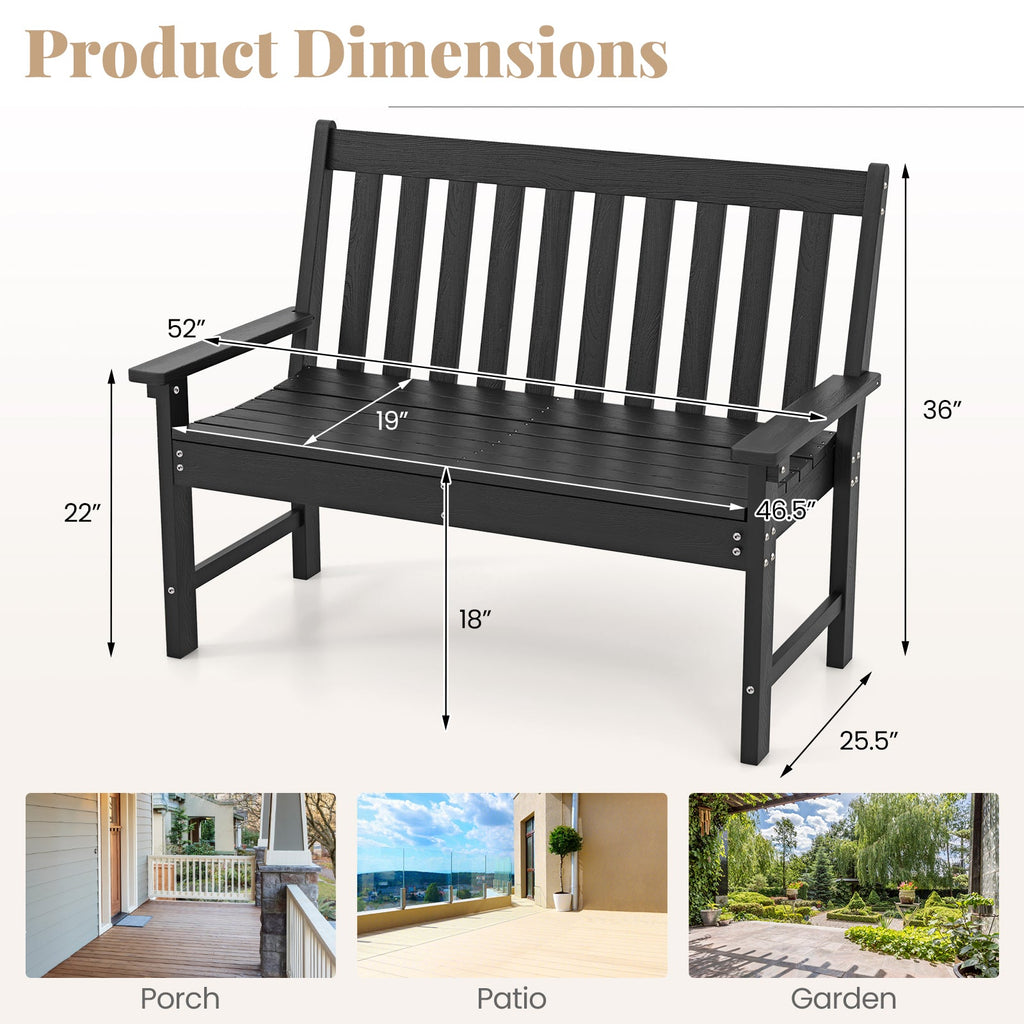 52 Inch All-Weather HDPE Outdoor Bench with Backrest and Armrests-Black