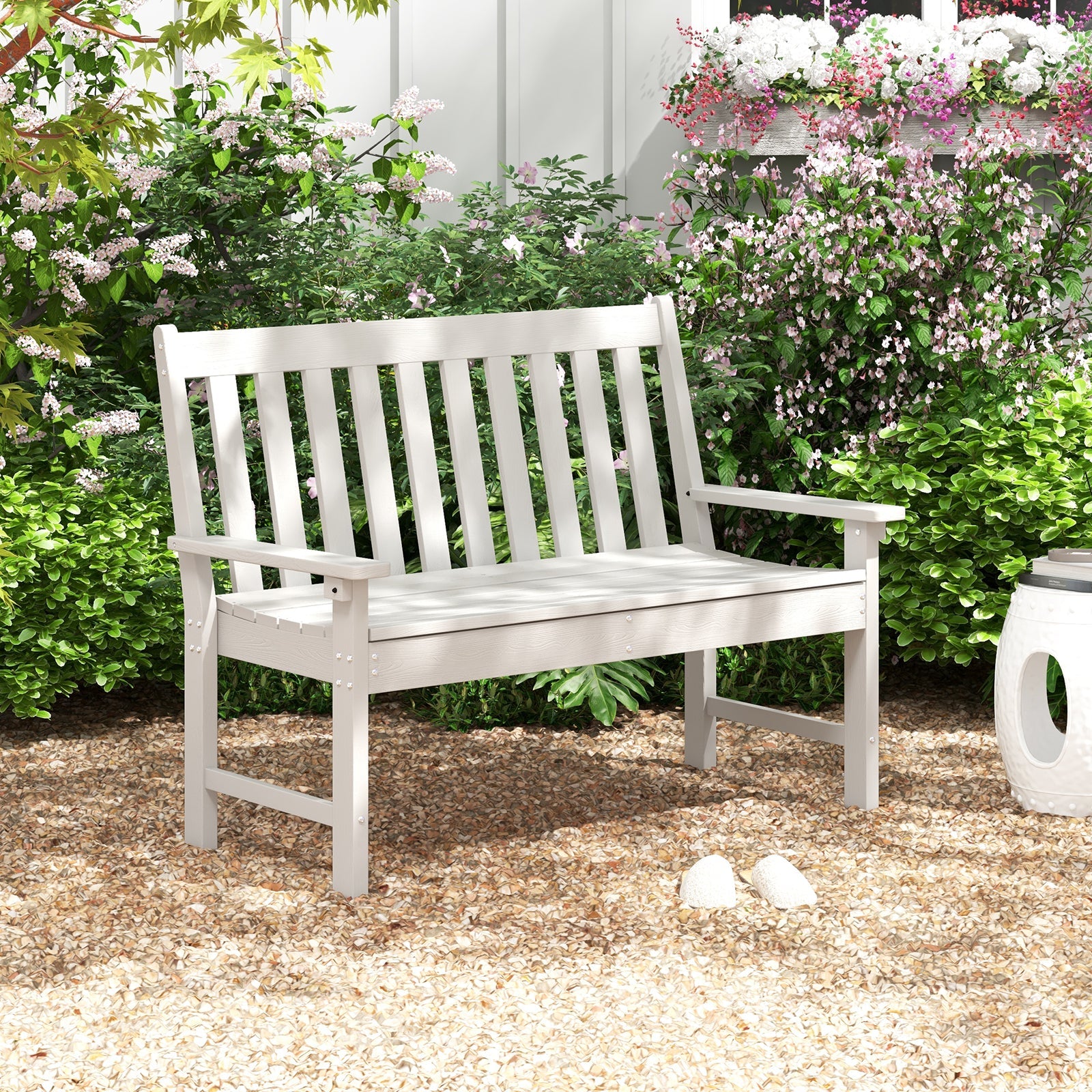 52 Inch All-Weather HDPE Outdoor Bench with Backrest and Armrests-White