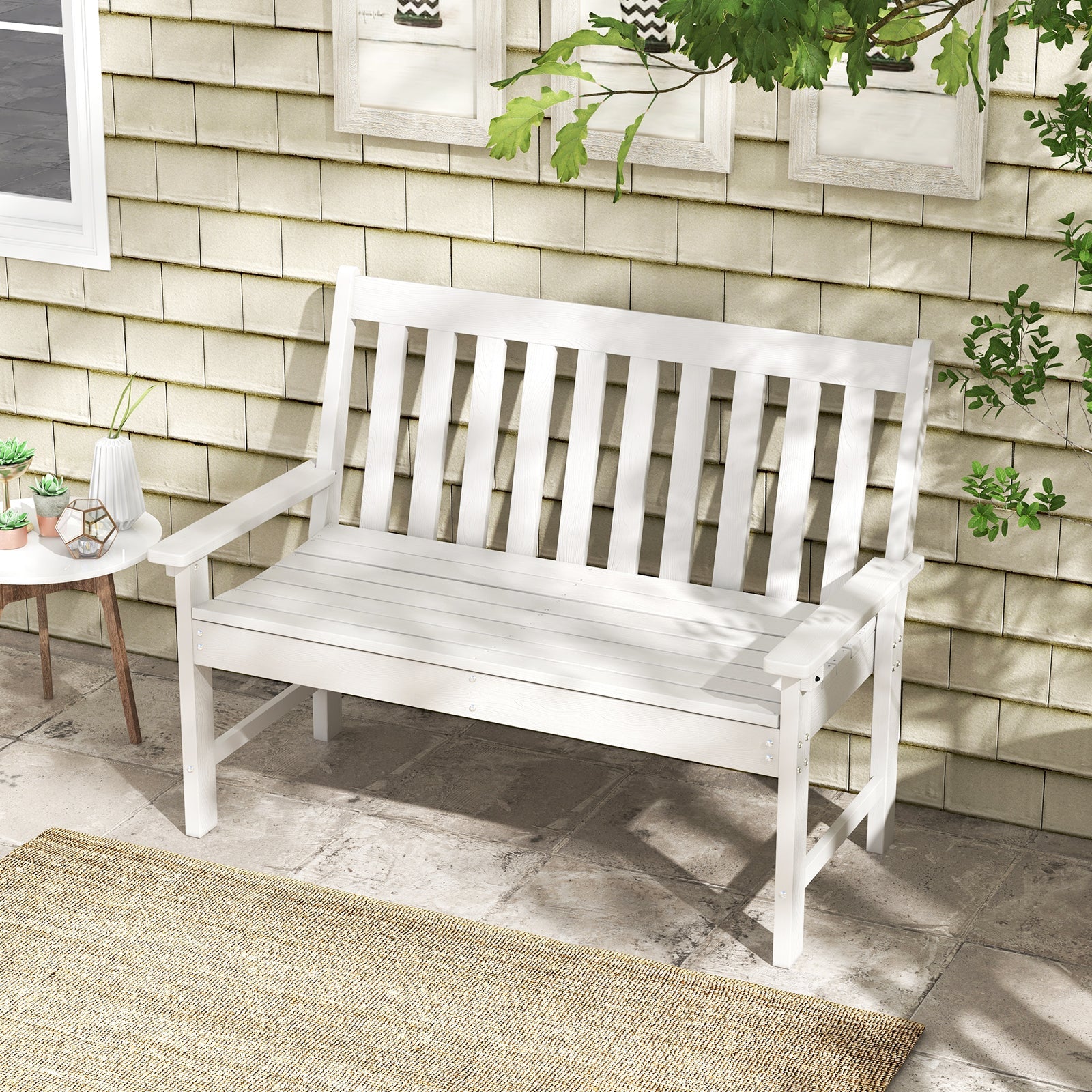 52 Inch All-Weather HDPE Outdoor Bench with Backrest and Armrests-White