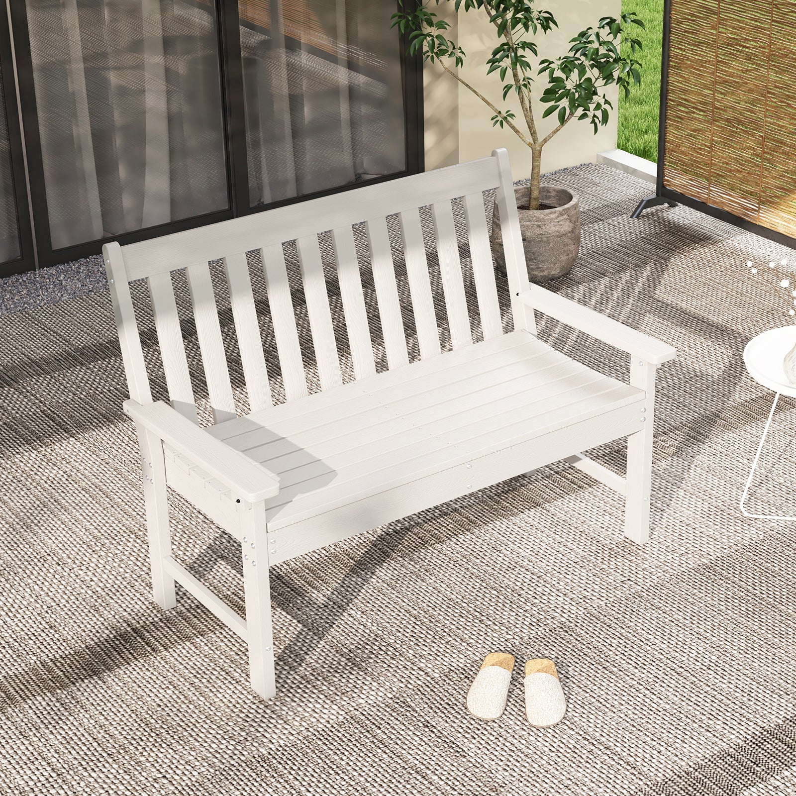 52 Inch All-Weather HDPE Outdoor Bench with Backrest and Armrests-White