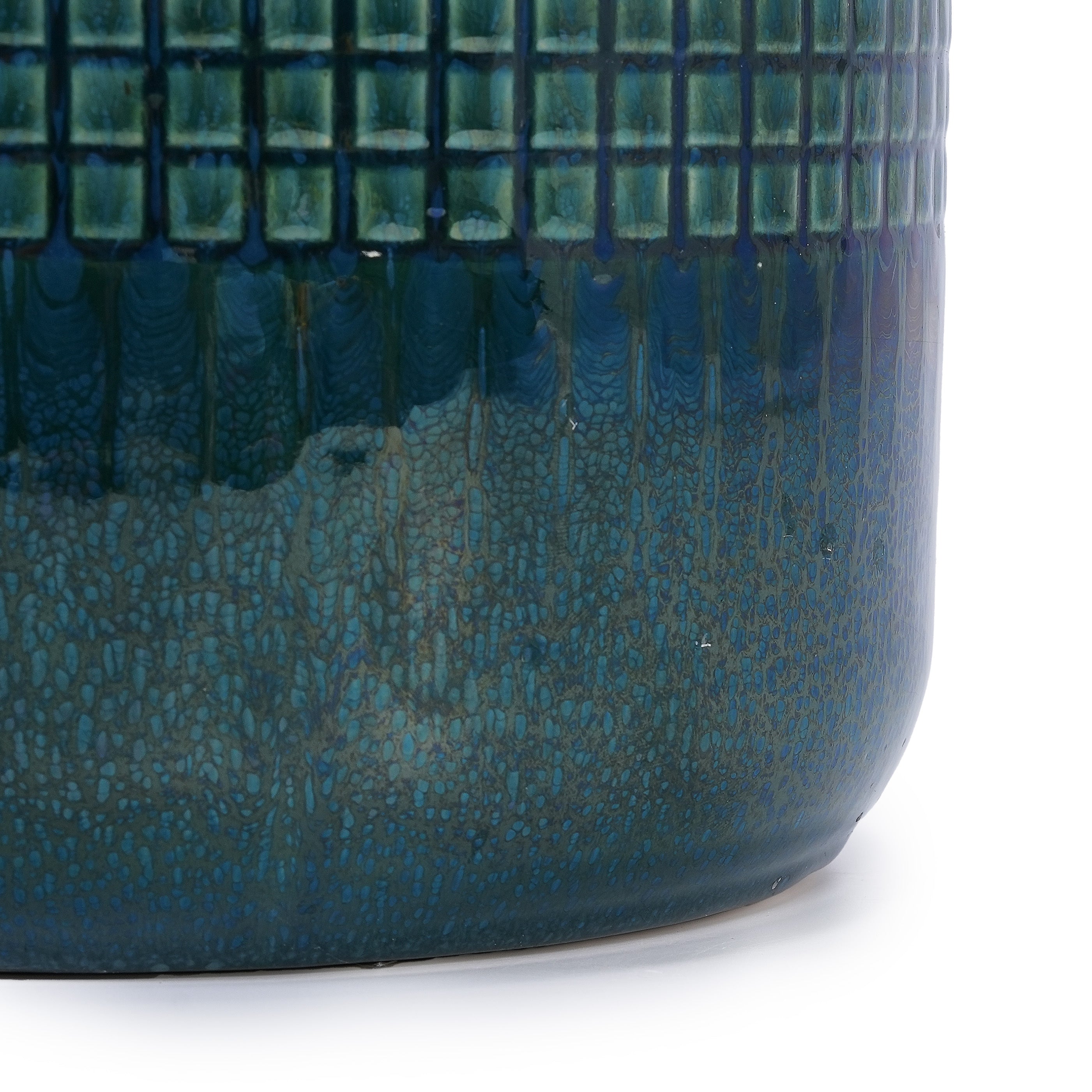 Set of 3 Grid Ceramic Flowerpot, Modern Planter for Patio, Garden, Windowsill - Blue Green