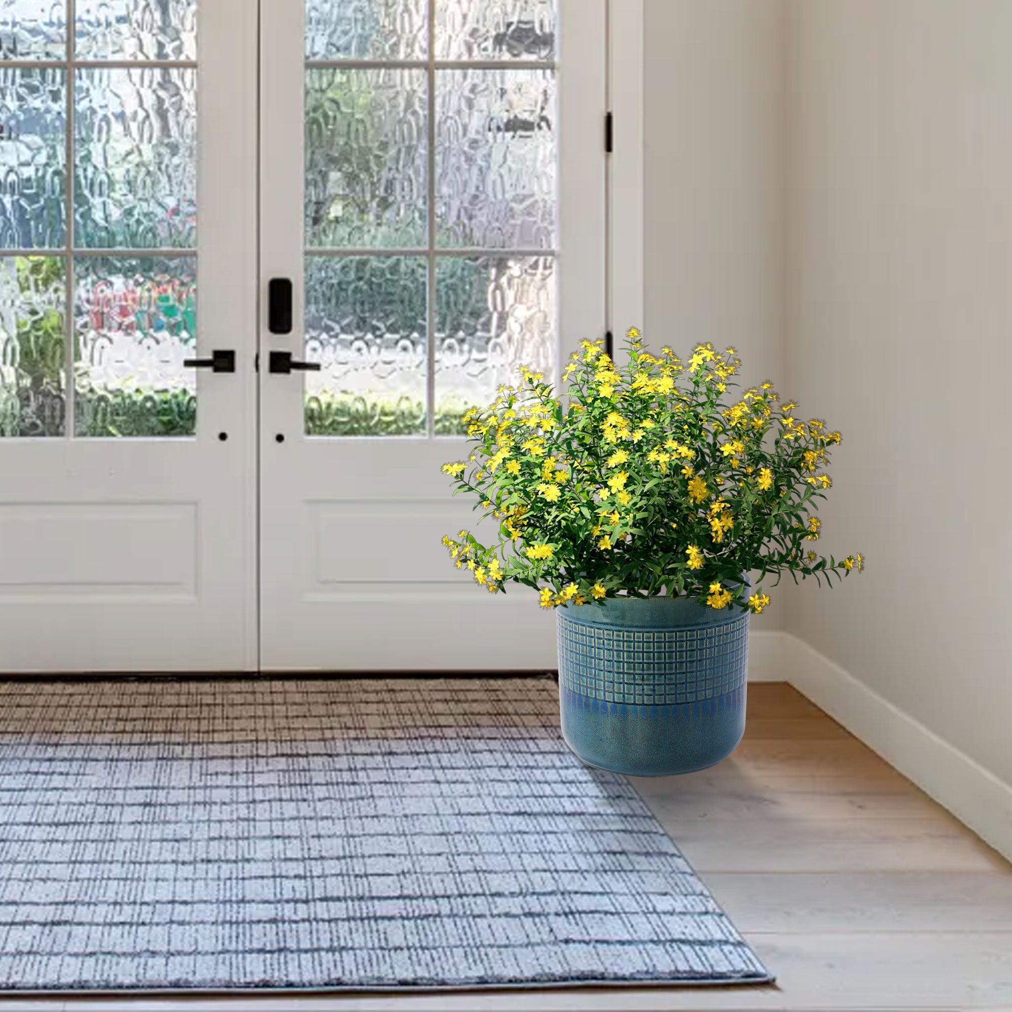 Set of 3 Grid Ceramic Flowerpot, Modern Planter for Patio, Garden, Windowsill - Blue Green