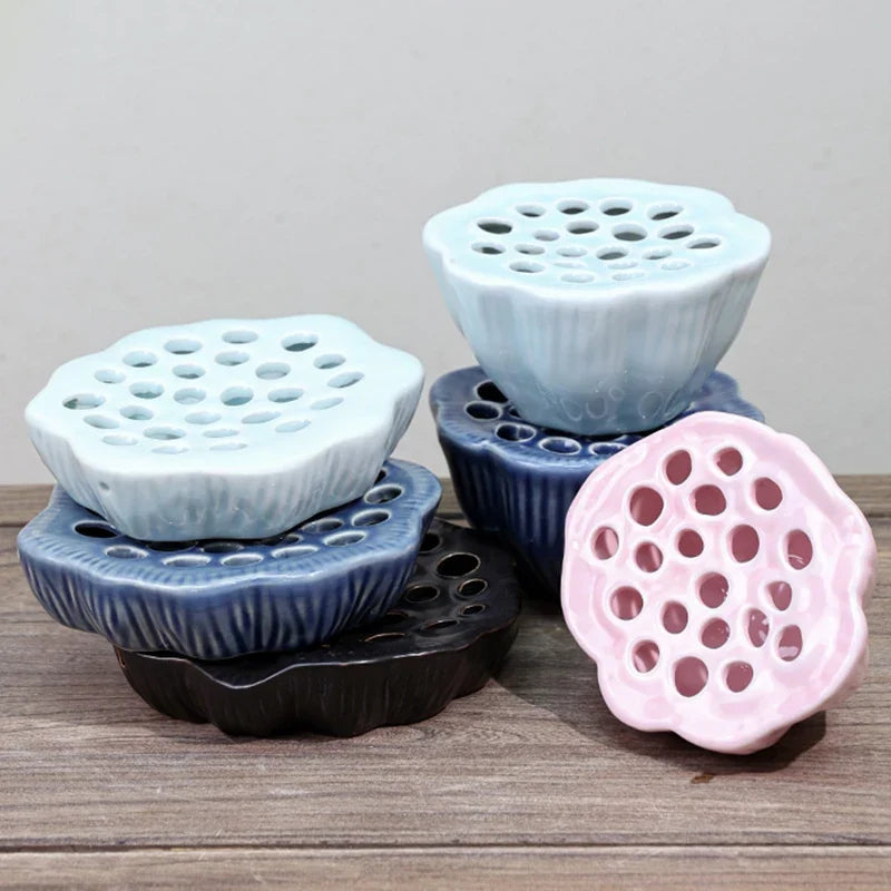 Japanese Ceramic Lotus Ikebana Flower Vase – Zen Floral Vessel with Built-In Frog Holder